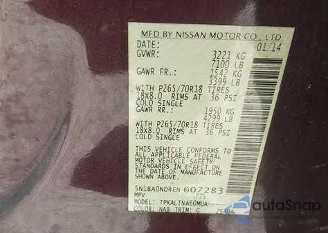 2014 Nissan Armada Platinum/Sl/Sv from USA, damaged, VIN 5N1BA0ND4EN607283